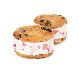 Sweet delicious ice cream cookie sandwiches isolated on white