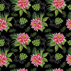 beautiful  flower and branches hand draw illustration seamless pattern green colored design