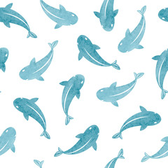 Seamless sea pattern with blue watercolor fish silhouettes. Marine background.