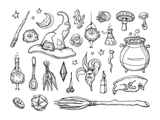 Set of Magician and alchemy tools: skull, crystal, roots, potion, feather, mushrooms, hat. Halloween collection of witchcraft tools. Hand drawn vector illustration. Isolated on white.