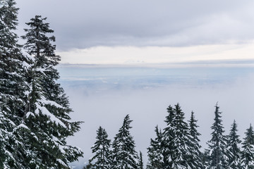 mountain top view over snow covered mountains and city from holyburn peak near Vancouver, Canada
