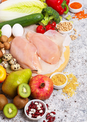 Healthy balanced food background. Organic meat, vegetables, fruits, cereals, legumes, eggs on the...