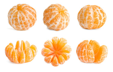 Set of peeled fresh juicy tangerines on white background