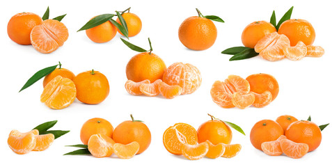 Set of fresh juicy tangerines on white background