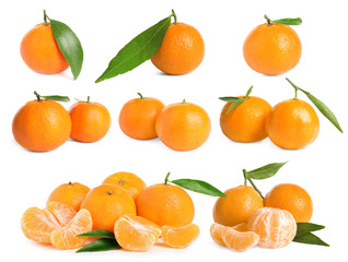 Set of fresh juicy tangerines on white background