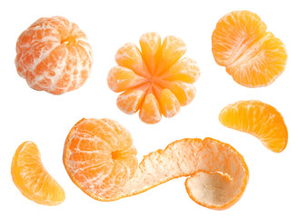Set of fresh juicy tangerines on white background