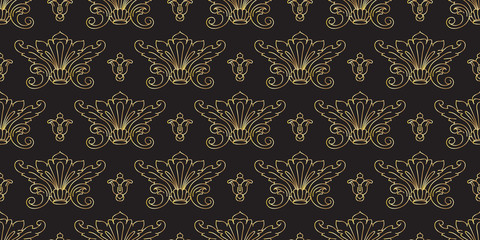 Seamless pattern with vintage golden baroque floral decorative elements. Vector.