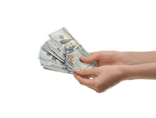 Woman with money on white background, closeup