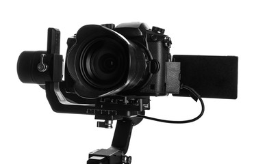 Modern professional video camera isolated on white, closeup