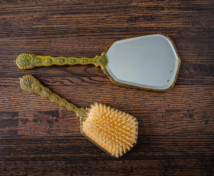 Vintage Hand Mirror And Hair Brush