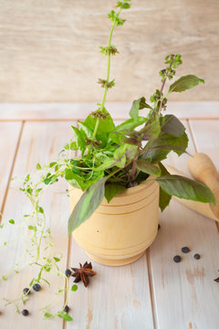 Fresh herbs and spice from the garden in wooden mortar. Thyme, basil and rosemary, vertical image