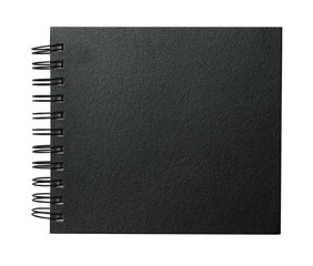 Stylish black notebook isolated on white, top view