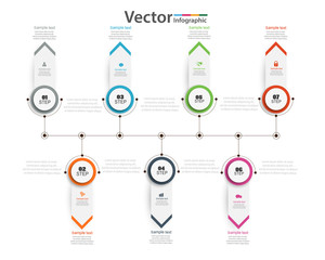 Vector timeline infographic with 7 options, can be used for workflow layout, diagram, annual report, web design. Business concept with options, steps or processes. Vector eps 10