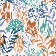 Ocean corals seamless pattern., Tropical coral reef bush silhouette elements.