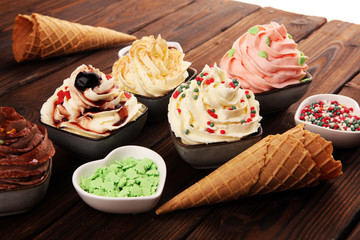 soft ice cream in flavor vanilla, chocolate and strawberry. Delicous creamy refreshing ice cream