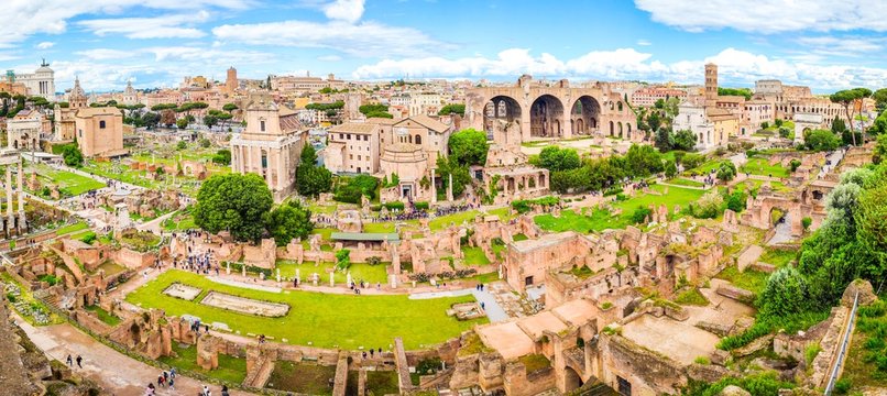 Roman Forum, Latin Forum Romanum, most important cenre in ancient Rome, Italy. Aerial panoramic view from Palatine Hill