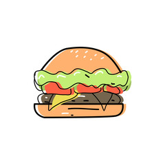 Cute doodle burger in doodle style, Fast food and instant food.