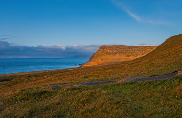 Stunning Latrabjarg cliffs, Europe's largest bird cliff and home to millions of birds. Western Fjords of Iceland. Sunset in september 2019.