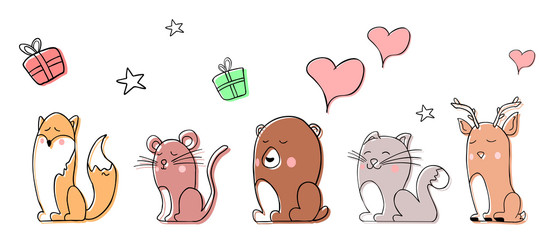 Cute set of animal drawings with hearts. Illustration in doodle style.