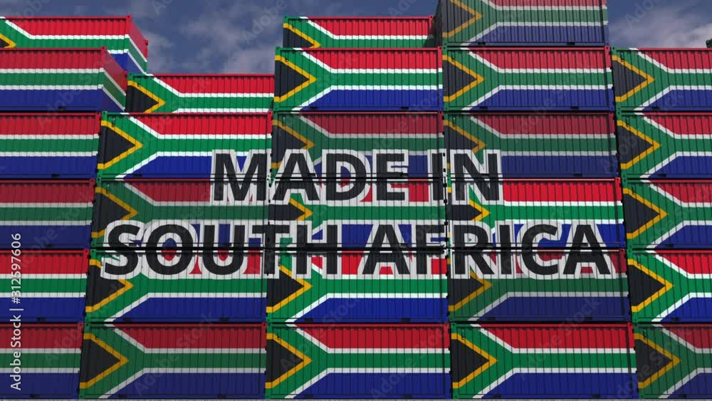 Aufkleber containers with made in south africa text and national flags. import or export related 3d animation