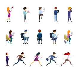 Set of business characters in different poses isolated on the white background. Flat style. Vector illustration