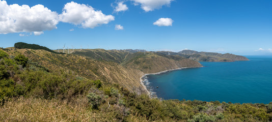 Wind turbines on the hills at Makara New Zealand, near Wellington	