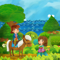 cartoon forest scene with princess and price with his horse standing on the path near the shore of ocean or sea - illustration for children