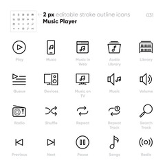 Music Player outline vector icons. Speaker, Audio Library, Radio, Shuffle