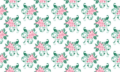 Seamless valentine flower pattern background, with leaf and beautiful flower drawing.