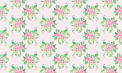 Seamless valentine flower pattern background, with leaf and beautiful flower drawing.