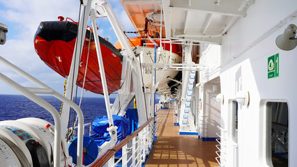 deck of a ship sailing on the sea. cruise liner walking deck. lifeboats, rafts and lifebuoys on the...