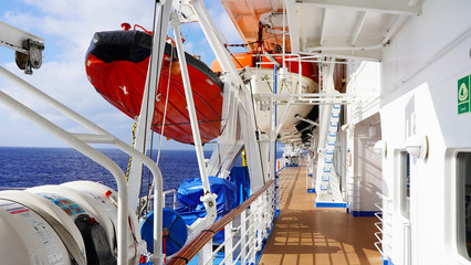 deck of a ship sailing on the sea. cruise liner walking deck. lifeboats, rafts and lifebuoys on the...