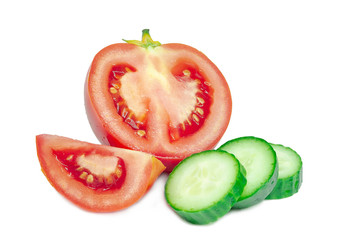Tomato and cucumber isolated on white background