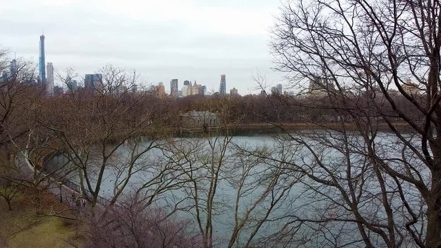 aerial shot, central park, lake Jacqueline Kennedy Onassis Reservoir, people walking, people running