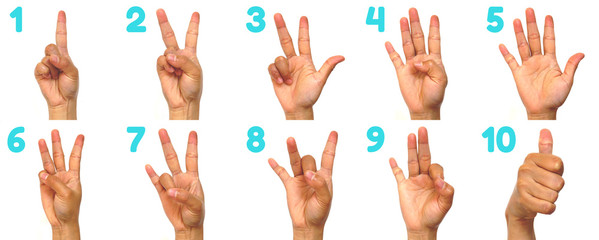 Sign language numbers 1-10 for the deaf . Fingerspelling in American Sign Language (ASL). Hand gesture numbers on a white background.