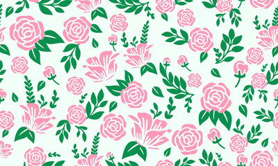 Valentine floral pattern background, with beautiful pink rose and unique pattern leaf design.