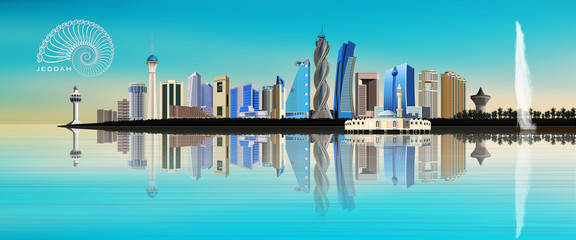 Jeddah city skyline depicting famous landmarks and its reflection on the Red Sea