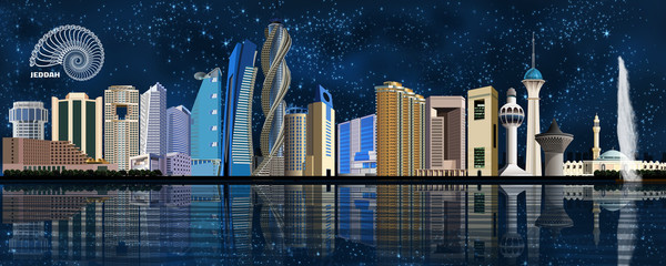 Jeddah city skyline depicting famous landmarks and its reflection on the Red Sea