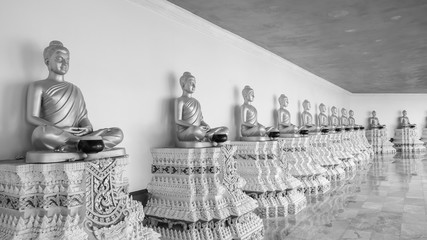 Row of golden Buddhas, black and white tone