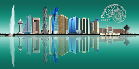 Jeddah city skyline depicting famous landmarks and its reflection on the Red Sea