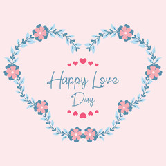 Beautiful peach flower frame and unique leaf pattern, for happy love day greeting card template design. Vector