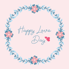 Beautiful peach flower frame and unique leaf pattern, for happy love day greeting card template design. Vector