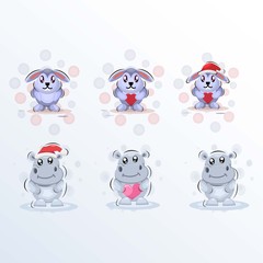 Cute hippo and rabbit with love christmas mascot design vector