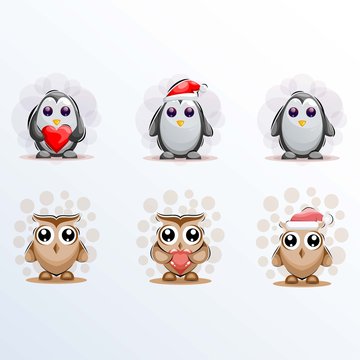 penguin and owl love christmas mascot cartoon design vector