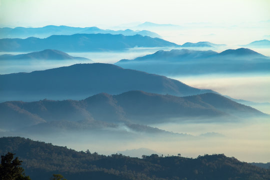 mountains in the fog