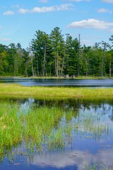 Reflections on a bright blue lake in northern Minnesota 