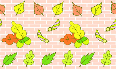 Autumn, colored leaves of oak, birch, maple seeds on the background of a light brick wall. Seamless, horizontal pattern