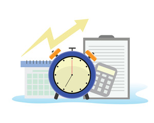 business presentation concepts with pictures of wall clocks, calendars, calculators, computers and accounting books