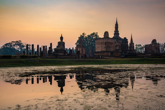 sukhothai historical park with sunrise