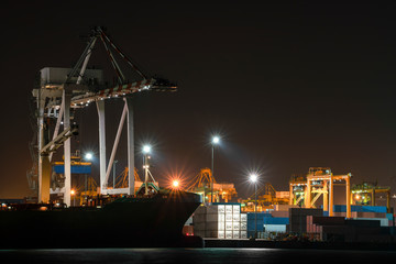 Container cargo ship in imports exports logistics business in shipyard